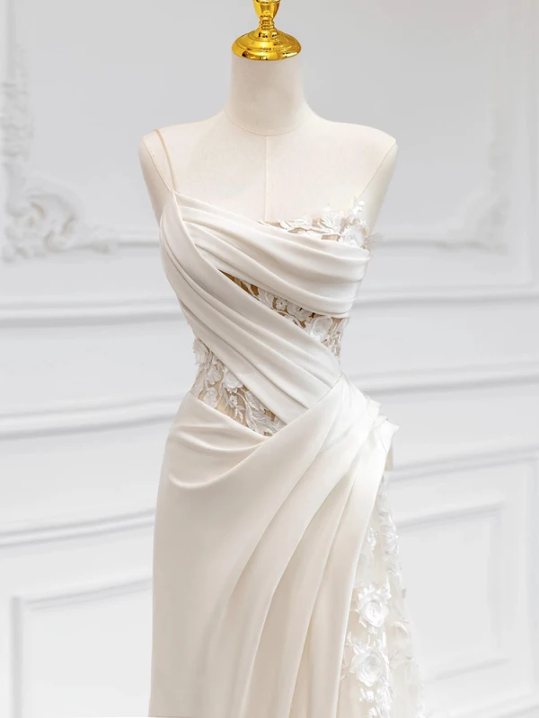 Charmant Légère Blanche En Dentelle Fleur Satin Robe De Mariée 2024 Trompette / Sirène Bretelles Spaghetti Sans Manches Dos Nu Train De Balayage Mariage