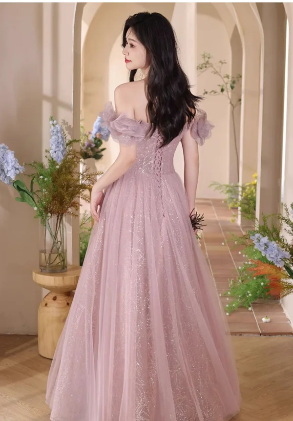 Bling Bling Rougissant Rose Perlage Paillettes Robe De Bal 2024 Princesse De l'épaule Manches Courtes Dos Nu Longue Promo Robe De Ceremonie