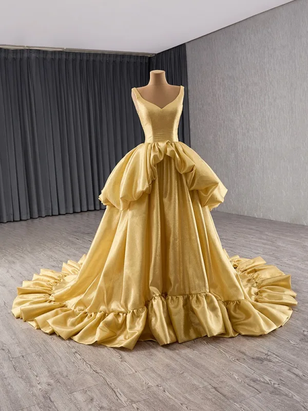 Couture Gold Cascading Ruffles Prom Dresses 2024 Ball Gown V-Neck Sleeveless Backless Chapel Train Prom Formal Dresses