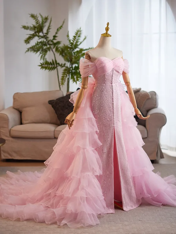 Luxus / Herrlich Pink Handgefertigt Perlenstickerei Pailletten Fallende Rüsche Ballkleider 2025 Meerjungfrau Off Shoulder Ärmellos Rückenfreies Sweep / Pinsel Zug Festliche Kleider