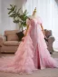 Luxus / Herrlich Pink Handgefertigt Perlenstickerei Pailletten Fallende Rüsche Ballkleider 2025 Meerjungfrau Off Shoulder Ärmellos Rückenfreies Sweep / Pinsel Zug Festliche Kleider