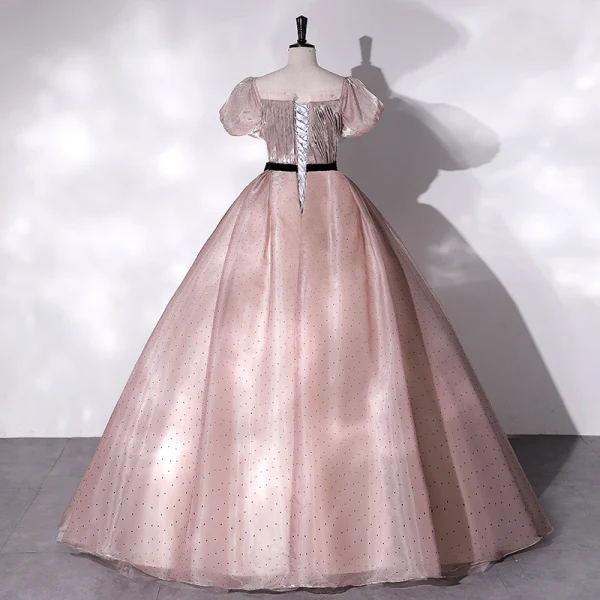 Élégant Rougissant Rose Tachetée Robe De Bal 2022 Robe Boule De l'épaule Gonflée Manches Courtes Dos Nu Ceinture Noeud Longue Robe De Ceremonie