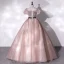 Élégant Rougissant Rose Tachetée Robe De Bal 2022 Robe Boule De l'épaule Gonflée Manches Courtes Dos Nu Ceinture Noeud Longue Robe De Ceremonie