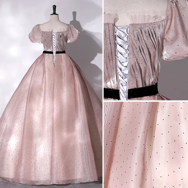 Élégant Rougissant Rose Tachetée Robe De Bal 2022 Robe Boule De l'épaule Gonflée Manches Courtes Dos Nu Ceinture Noeud Longue Robe De Ceremonie