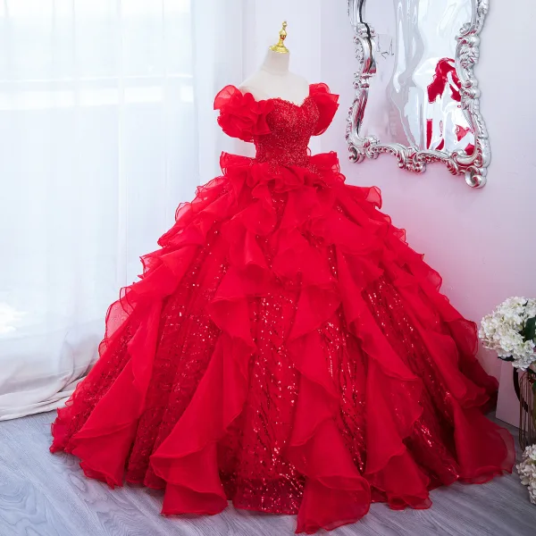 Chic / Beautiful Red Pearl Sequins Cascading Ruffles Prom Dresses 2024 Ball Gown Off-The-Shoulder Short Sleeve Backless Floor-Length / Long Prom Formal Dresses