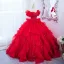 Chic / Beautiful Red Pearl Sequins Cascading Ruffles Prom Dresses 2024 Ball Gown Off-The-Shoulder Short Sleeve Backless Floor-Length / Long Prom Formal Dresses