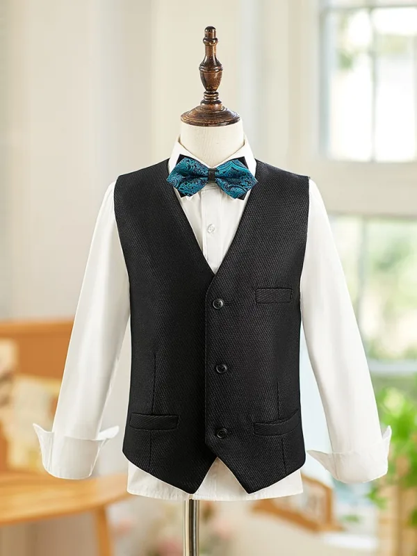 Black Winter Fall Long Sleeve 6-piece Boys Wedding Suits 2025 Body Jewellery Coat Pants Shirt Tie Vest