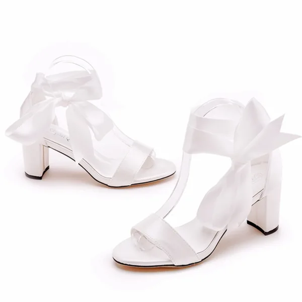 Elegante Ivoor Enkelband Strik Gala Sandalen Dames Hoge Hakken 2023 7 cm Dikke Hak Peep Toe Sandalen