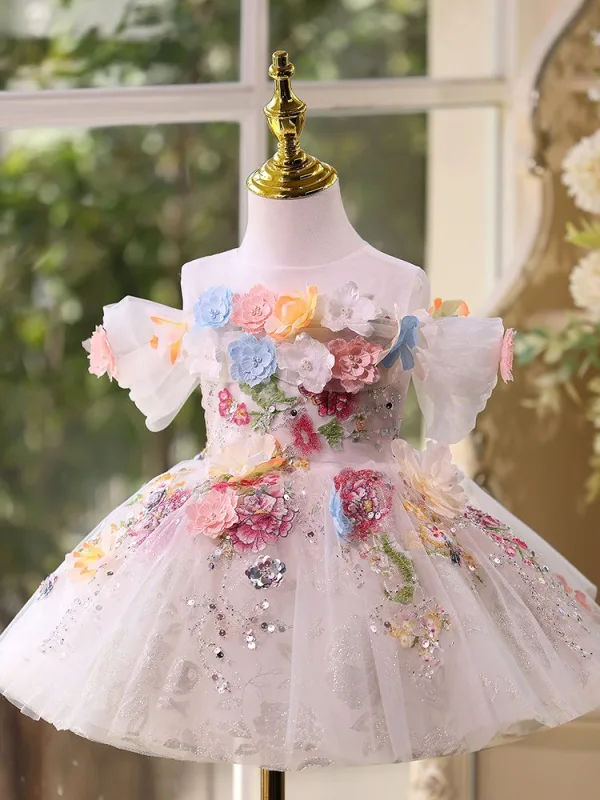 Flower Fairy Multi-Colors Appliques Sequins White Birthday Short Flower Girl Dresses 2026 Ball Gown Scoop Neck Short Sleeve Backless