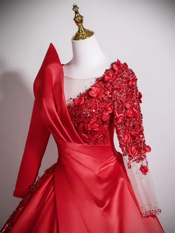 Elegant Red Appliques Beading Sequins Prom Dresses 2025 Ball Gown Scoop Neck Long Sleeve Backless Floor-Length / Long Formal Dresses