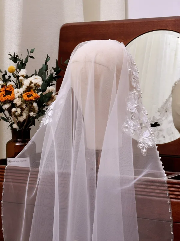 Welony Ślubne Welony Ślubne Białe Kwiat Z Koronki Perła Wykonany Ręcznie Tiulowe Ślub Eleganckie 1 m 2025