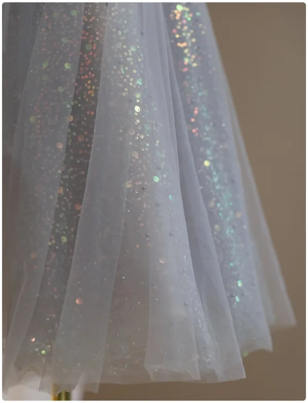 Bling Bling Grey Beading Pearl Sequins Birthday Flower Girl Dresses 2024 A-Line / Princess Scoop Neck Sleeveless Backless Bow Floor-Length / Long Tulle