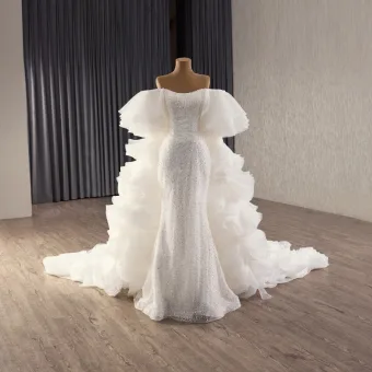 Luxe Blanche Fait Main Perlage Perle Paillettes Robe De Mariée 2025 Trompette Sirène De L Épaule Sans Manches Dos Nu Chapel Train Mariage