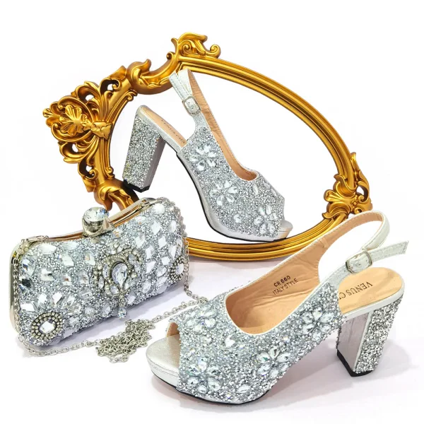 Sparkly Pool Blue Rhinestone Evening Party Clutch Bags Womens Sandals 2023 9 cm Thick Heels Open / Peep Toe Sandals High Heels Clutch Bags