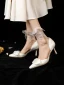 Chic / Beautiful White Leather Pearl Bow Lace Wedding Shoes 2024 7 cm Stiletto Heels Pointed Toe Wedding High Heels