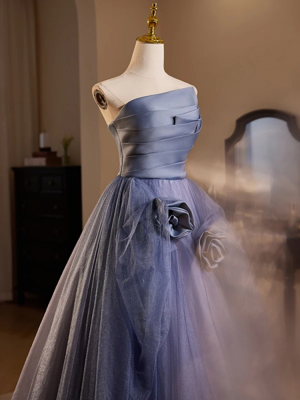 Chic / Beautiful Ocean Blue Appliques Prom Dresses 2024 A-Line / Princess Strapless Sleeveless Backless Floor-Length / Long Prom Formal Dresses