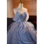 Fashion Sky Blue Pearl Sequins Lace Flower Cascading Ruffles Prom Dresses 2023 Ball Gown Strapless Sleeveless Backless Court Train Prom Formal Dresses