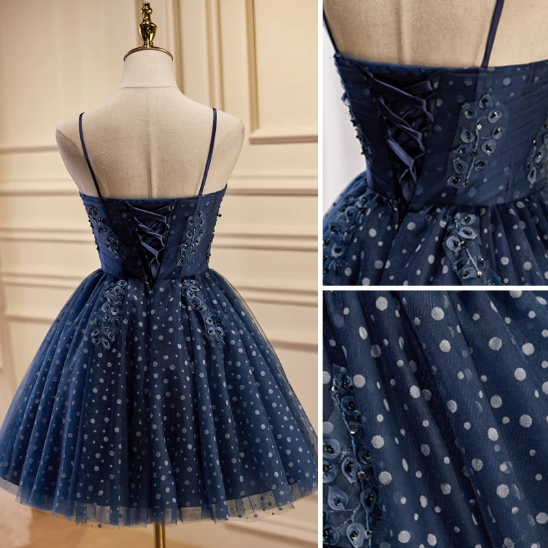 Charming Navy Blue Spotted Short Party Dresses 2023 Spaghetti Straps ...