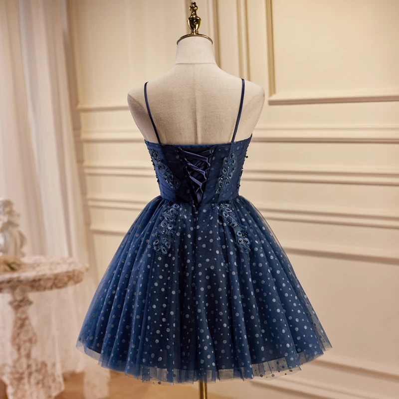 Charming Navy Blue Spotted Short Party Dresses 2023 Spaghetti Straps ...