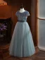 Chic / Beautiful Grey Sequins Birthday Flower Girl Dresses 2024 A-Line / Princess Scoop Neck Short Sleeve Bow Sash Floor-Length / Long