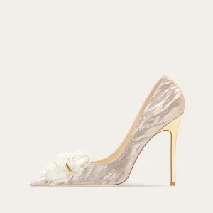 Charmig Champagne Paljetter Pärla Rhinestone Rosett Brudskor 2026 Läder 10 Cm Stilettklackar Spetsiga Bröllop Pumps Högklackade