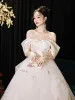Charming White Lace Flower Wedding Dresses 2024 A-Line / Princess Off-The-Shoulder Short Sleeve Backless Floor-Length / Long