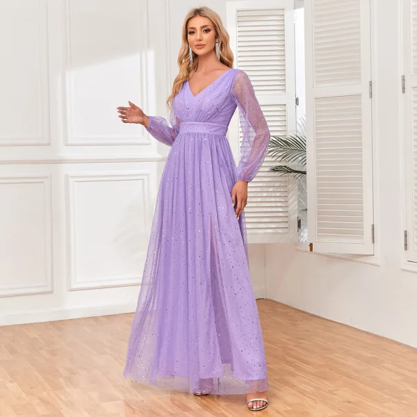 Modest / Simple Lavender Prom Dresses 2024 A-Line / Princess V-Neck Long Sleeve Backless Floor-Length / Long Prom Formal Dresses