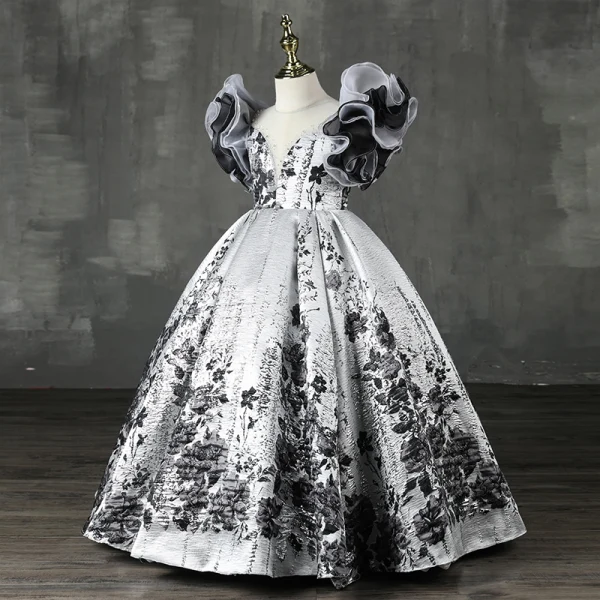 Haut de Gamme Blanche Perlage Perle Robe Ceremonie Fille 2022 Robe Boule Encolure Dégagée Gonflée Manches Courtes Noire Fleur Longue Promo Robe Ceremonie Fille