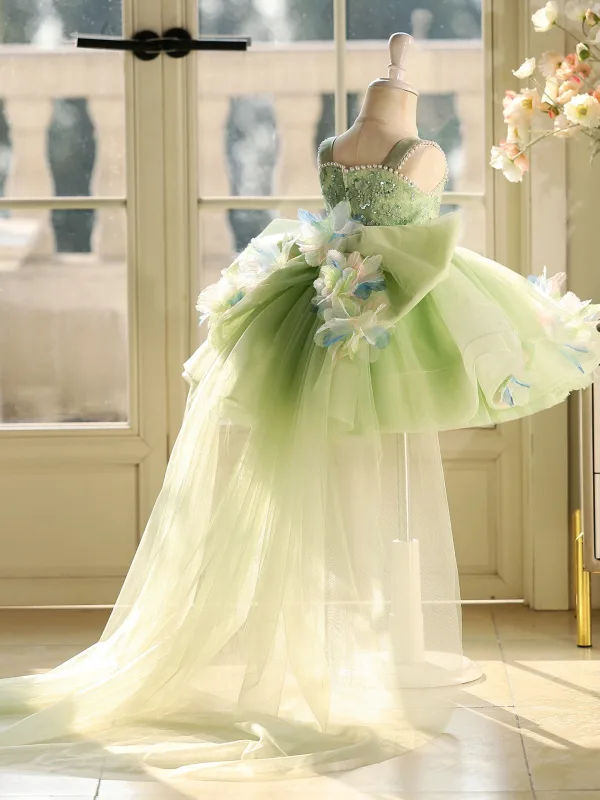 Chic / Beautiful Sage Green Pearl Sequins Appliques Short Birthday Flower Girl Dresses 2026 Ball Gown Spaghetti Straps Sleeveless Backless Tulle