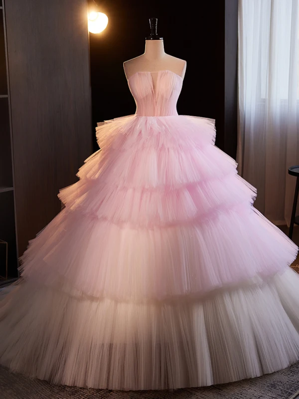 Charmant Rougissant Rose Volants en Cascade Volants Robe De Bal 2024 Robe Boule Bustier Sans Manches Dos Nu Train De Balayage Promo Robe De Ceremonie