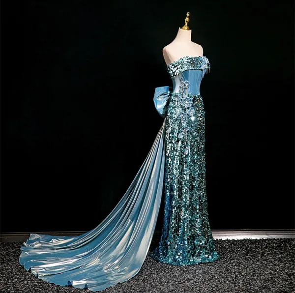Sexy Glitzernden Blau Perlenstickerei Strass Pailletten Abendkleider 2025 Meerjungfrau Bandeau Ärmellos Rückenfreies Schleife Sweep / Pinsel Zug Abend