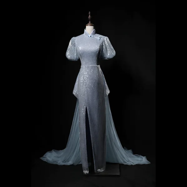 Scintillantes Bleu Ciel Fendue devant Paillettes Robe De Soirée 2024 Trompette / Sirène Col Haut Manches Courtes Longue Soirée Robe De Ceremonie