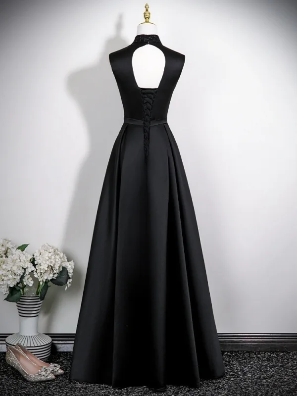 Vintage / Retro Black Satin Prom Dresses 2025 A-Line / Princess High Neck Sleeveless Backless Floor-Length / Long Formal Dresses