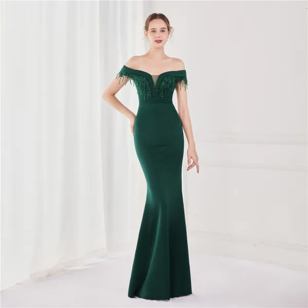 Sexy Black Satin Evening Dresses 2022 Trumpet / Mermaid Off-The-Shoulder Beading Tassel Sleeveless Backless Floor-Length / Long Evening Party Formal Dresses