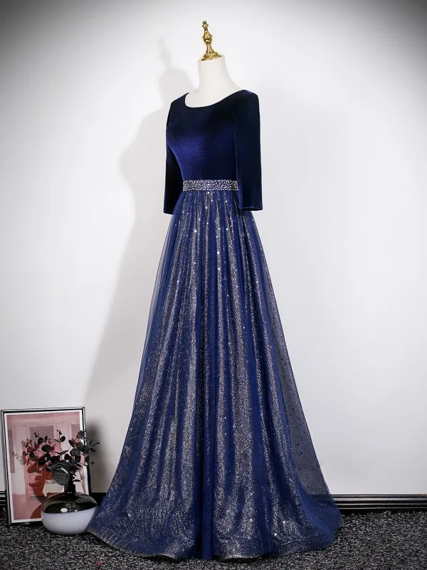 Vintage / Retro Ocean Blue Sequins Prom Dresses 2026 A-Line / Princess Square Neckline 3/4 Sleeve Backless Tulle