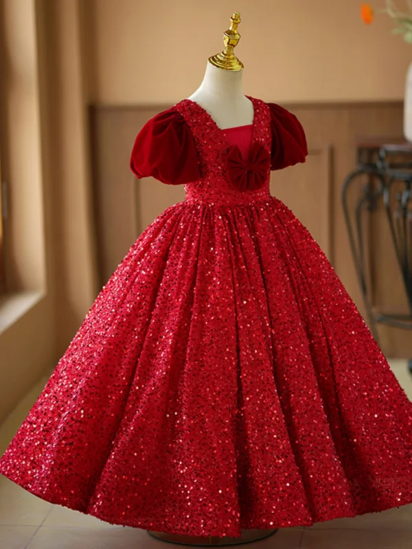 Bling Bling Burgundy Sequins Birthday Flower Girl Dresses 2024 Ball Gown Square Neckline Puffy Short Sleeve Backless Floor-Length / Long