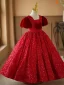 Bling Bling Burgundy Sequins Birthday Flower Girl Dresses 2024 Ball Gown Square Neckline Puffy Short Sleeve Backless Floor-Length / Long