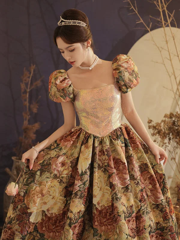 Vintage / Retro Fancy Gold Printing Prom Dresses 2023 A-Line / Princess Square Neckline Puffy Short Sleeve Backless Floor-Length / Long Prom Formal Dresses