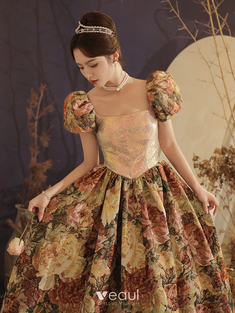 Vintage Retro Fancy Gold Printing Prom Dresses 2023 A Line Princess Square Neckline Puffy Short Sleeve Backless Floor Length Long Prom Formal Dresses