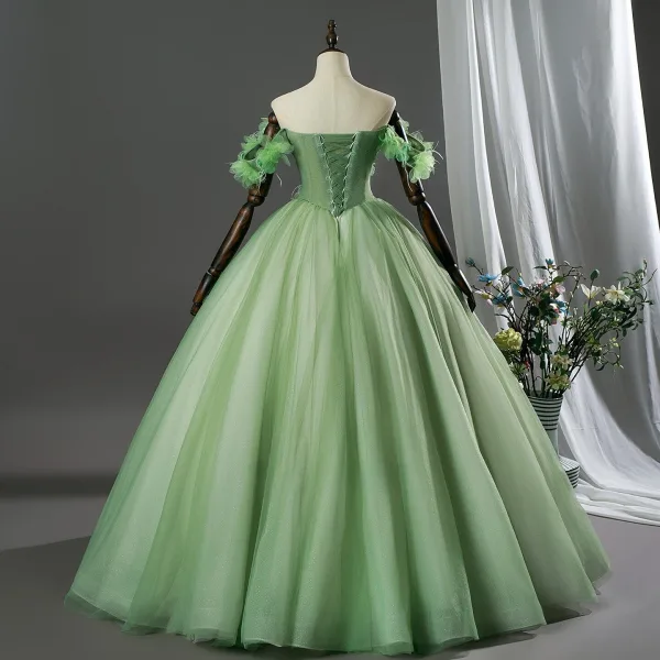Fée Des Fleurs Vert Cendré Perlage Appliques Paillettes Robe De Bal 2026 Robe Boule De l'épaule Manches Courtes Dos Nu