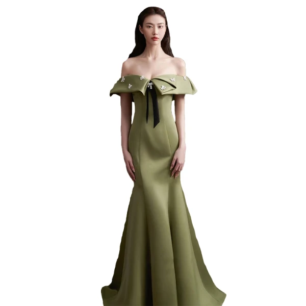 Sexy Clover Green Trumpet / Mermaid Evening Dresses 2022 Off-The-Shoulder Short Sleeve Backless Pearl Floor-Length / Long Satin Evening Party Formal Dresses