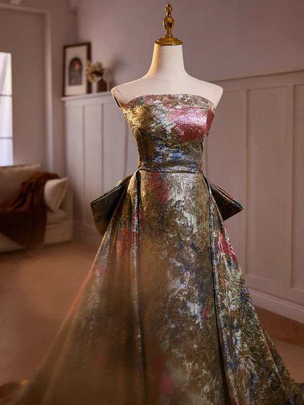 Vintage / Retro Multi-Colors Printing Prom Dresses 2024 A-Line / Princess Strapless Sleeveless Backless Bow Sweep Train Prom Formal Dresses