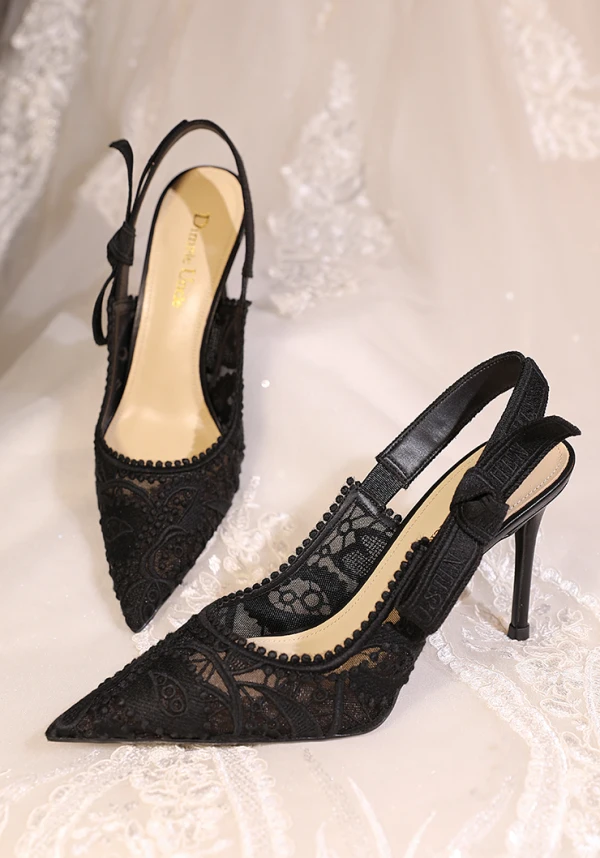 Elegant White Lace Wedding Shoes 2024 Wedding Leather 8 cm Stiletto Heels Pointed Toe Sandals High Heels