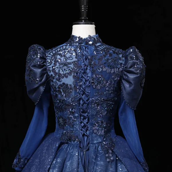 Vintage / Originale Bleu Marine Perlage Paillettes En Dentelle Fleur Robe De Bal 2023 Robe Boule Col Haut 3/4 Manches Longue Promo Robe De Ceremonie