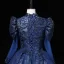Vintage / Originale Bleu Marine Perlage Paillettes En Dentelle Fleur Robe De Bal 2023 Robe Boule Col Haut 3/4 Manches Longue Promo Robe De Ceremonie
