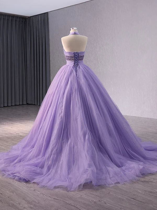 High End Lila Perlenstickerei Pailletten Plissee Ballkleider 2024 Ballkleid Neckholder Ärmellos Rückenfreies Sweep / Pinsel Zug Ball Festliche Kleider