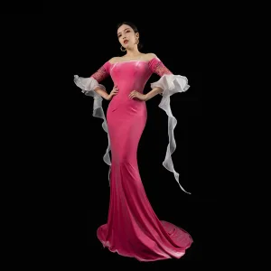High End Fuchsia Suede Beading Rhinestone Selskapskjoler 2023 Trompet Havfrue Scoop Halsen Bell Ermer Feie Tog Aften Formelle Kjoler