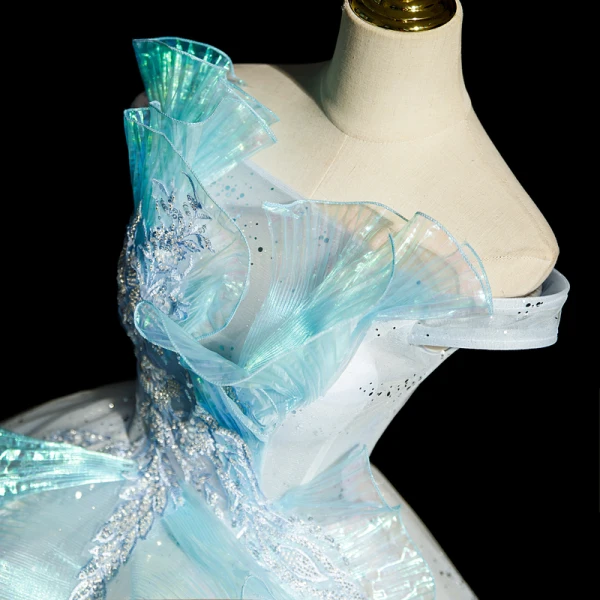 Fashion Sky Blue Beading Sequins Prom Dresses 2023 Ball Gown Ruffle Off-The-Shoulder Sleeveless Backless Floor-Length / Long Prom Formal Dresses