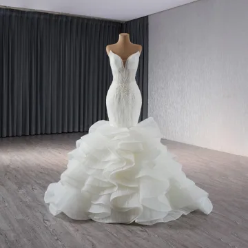 Sexy Haut De Gamme Blanche Perle Faux Diamant Volants En Cascade Robe De Mariée 2024 Trompette Sirène Bustier Sans Manches Dos Nu Train De Balayage Mariage