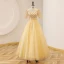 Elegant Yellow Prom Dresses 2022 Ball Gown Square Neckline Pearl Sequins Short Sleeve Backless Floor-Length / Long Prom Formal Dresses